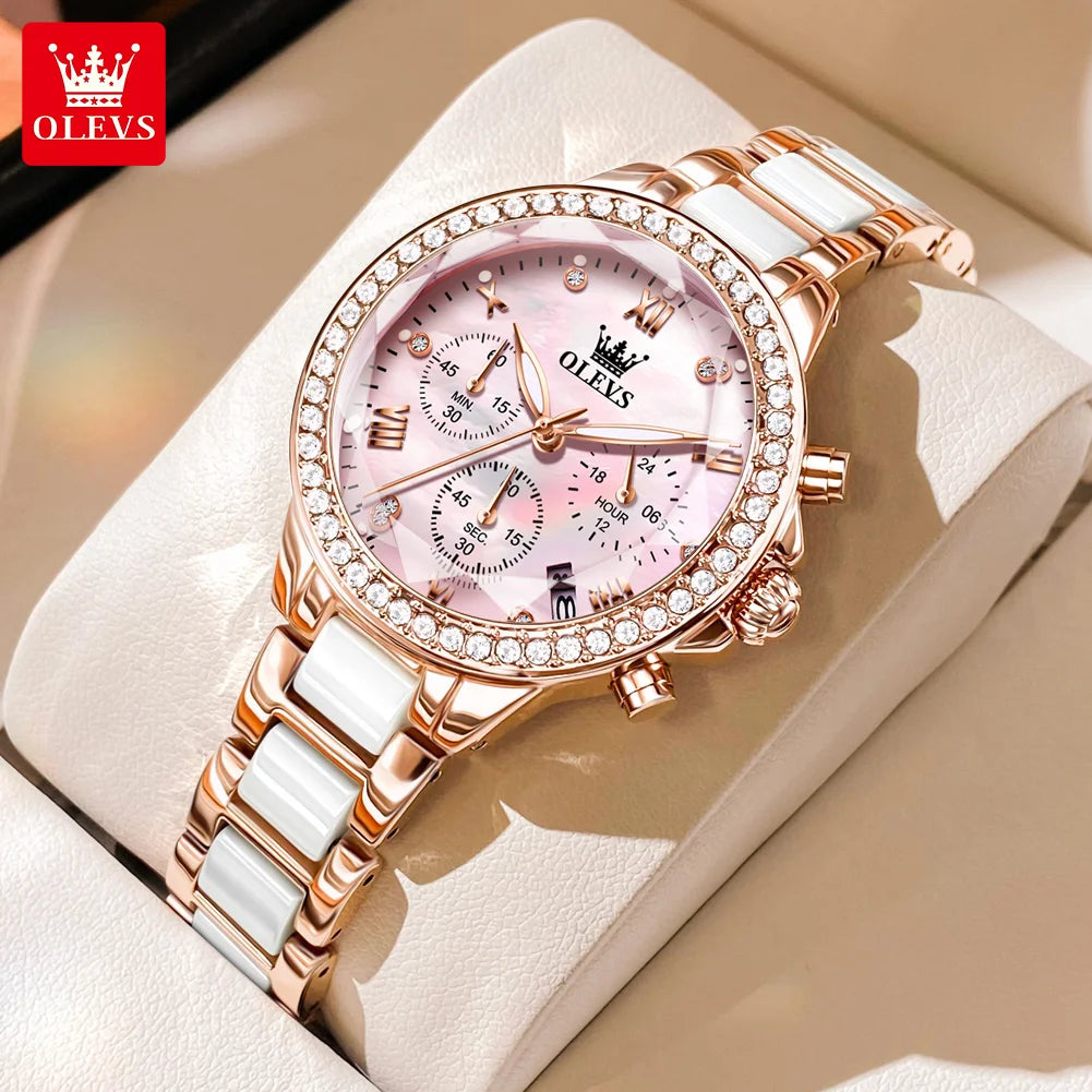 OLEVS Luxury Women’s Waterproof Chronograph Watch. Rose Gold Crystal Fashion Timepiece