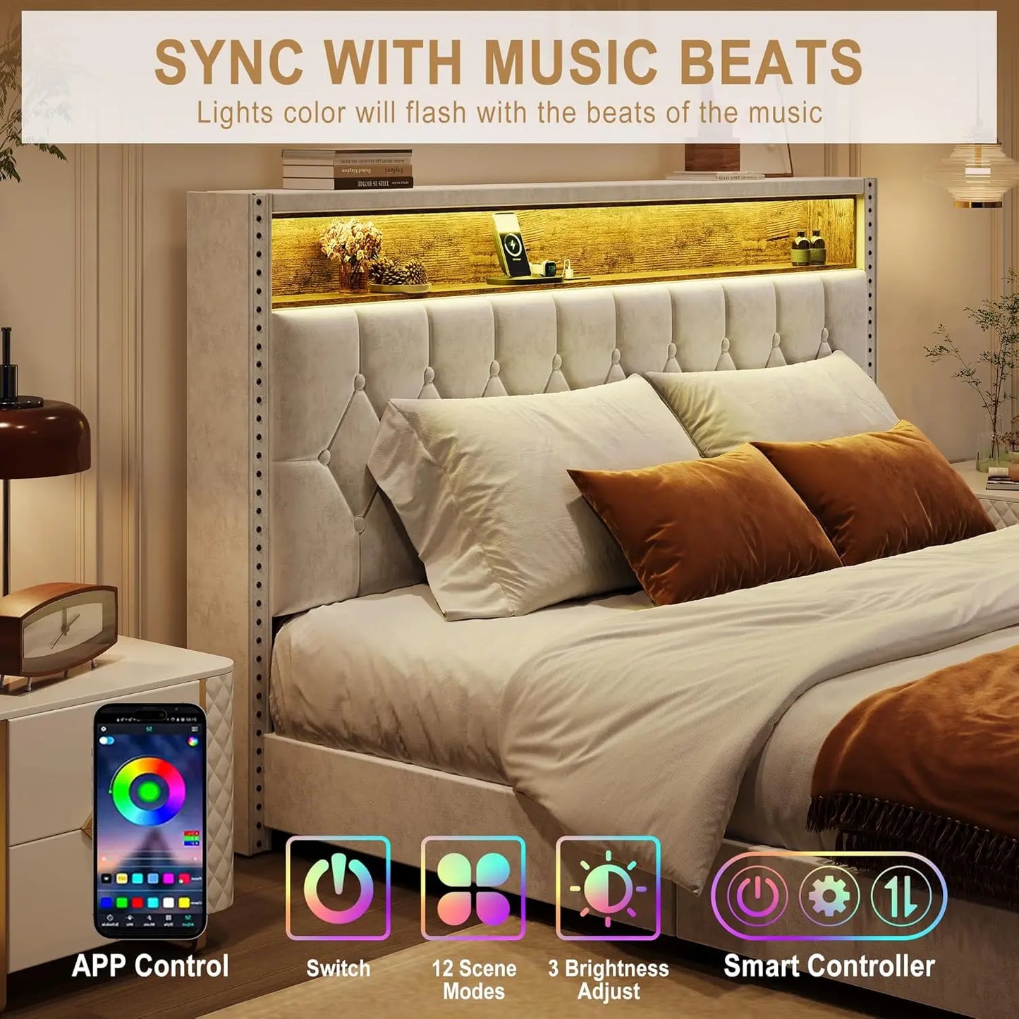 Bed Frame with Headboard and LED Lights Upholstered Platform Bedframe with Charging Station No Box Spring Needed Easy Assembly W