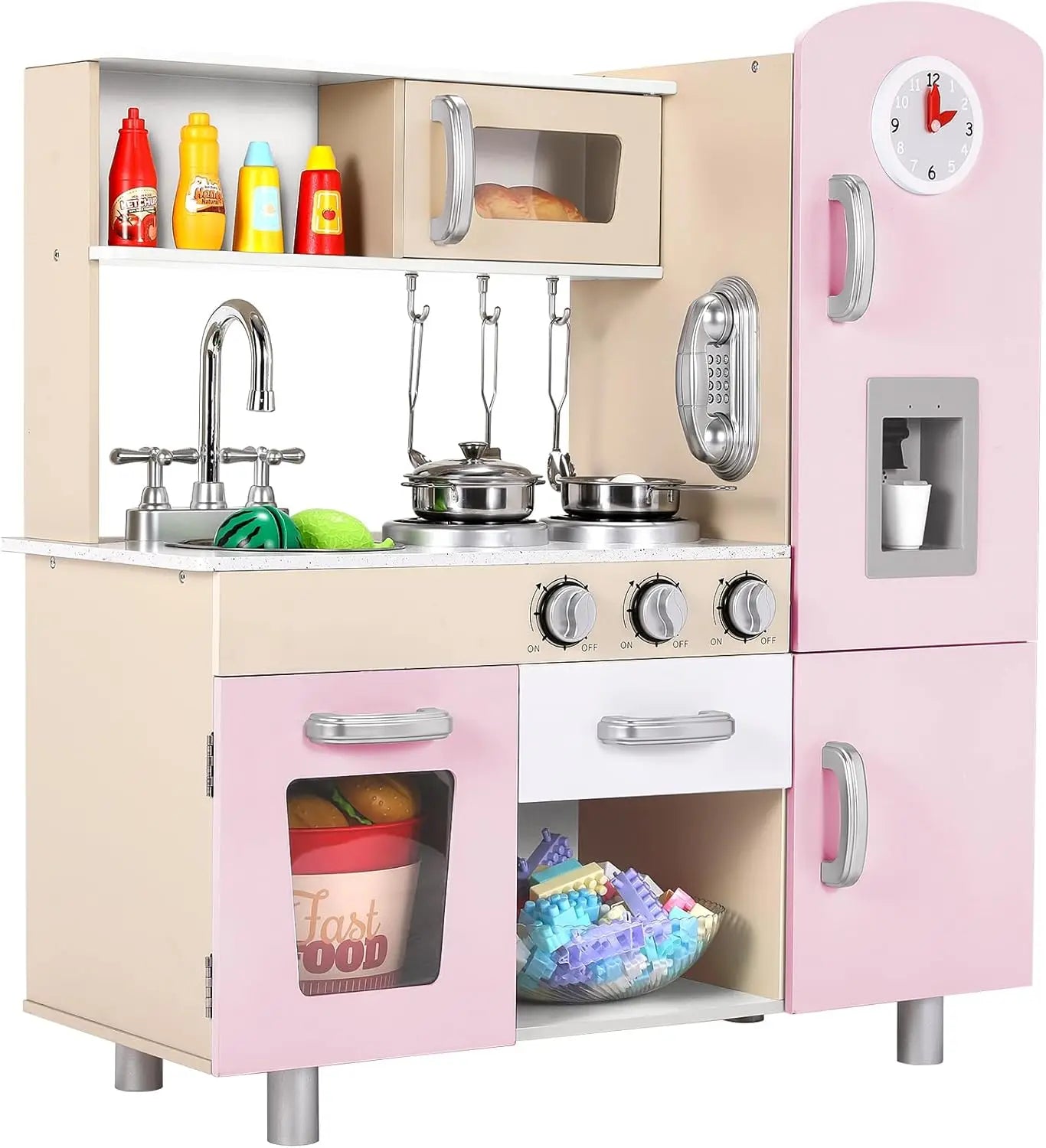 Kids Wooden Pretend Cooking Kitchen Playset with Cabinets for Toddler