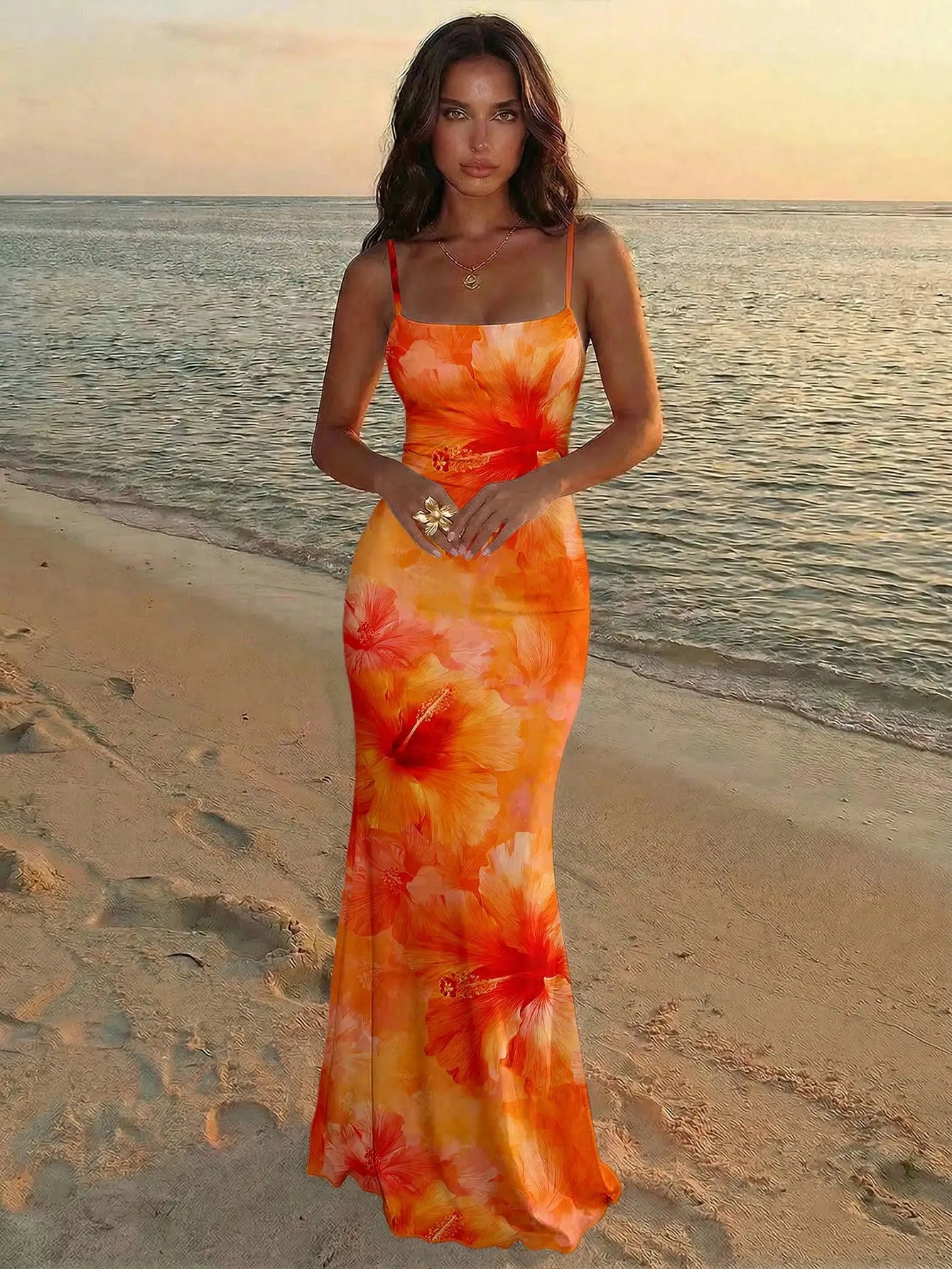 Elegant Pink Orchid Floral Print Backless Tie Strap Maxi Dress For Summer Vacation Beach Festival