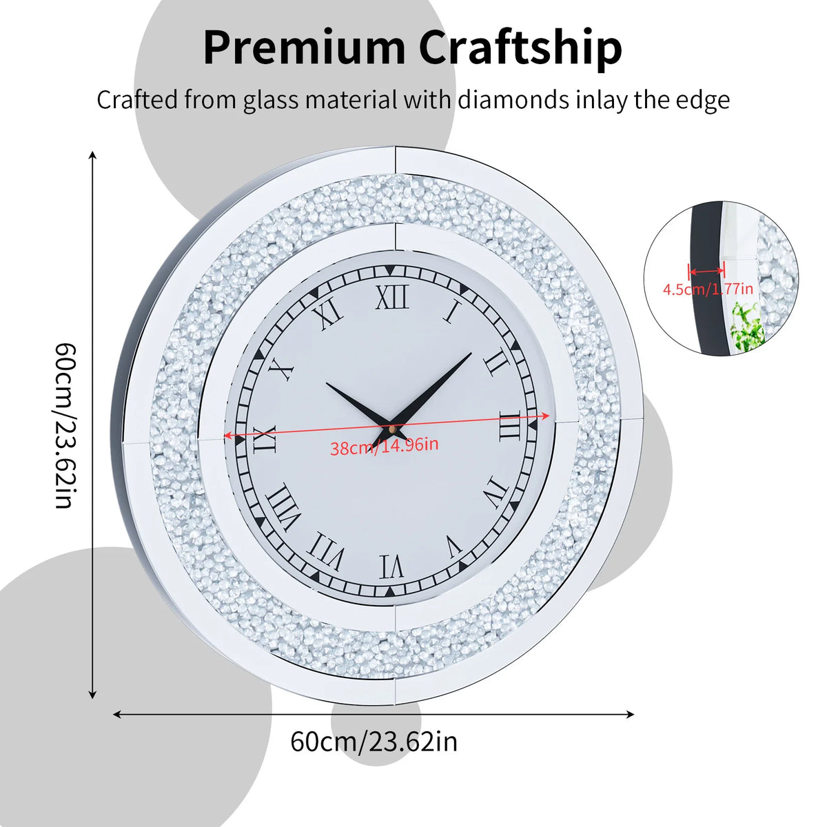Elegant Mirrored Wall Clock – Crystal-Inspired Decorative Round Clock
