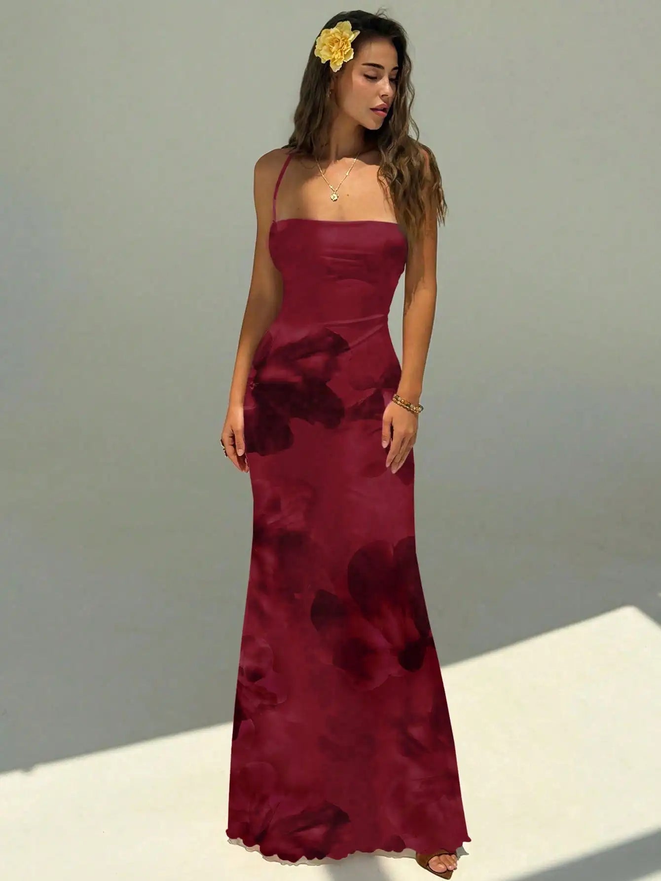 Elegant Pink Orchid Floral Print Backless Tie Strap Maxi Dress For Summer Vacation Beach Festival
