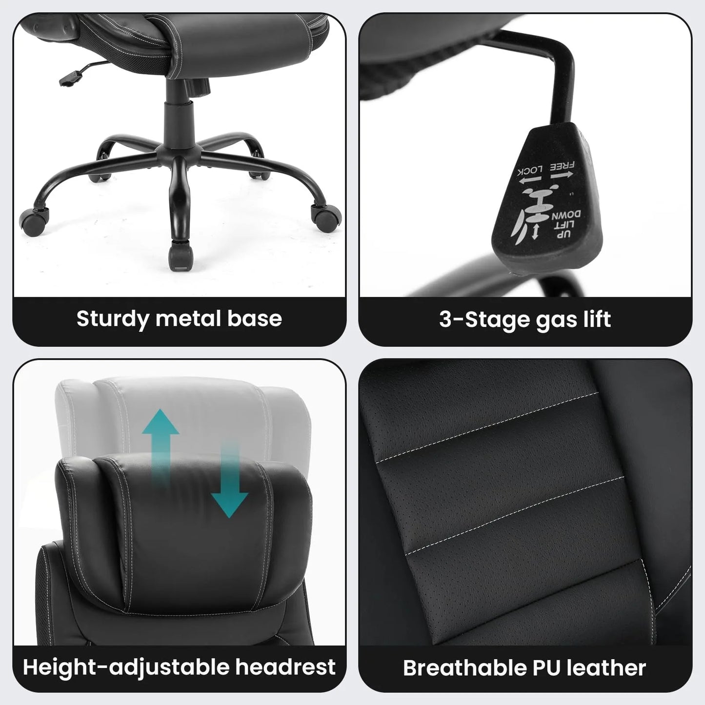 Ergonomic Executive Office Chair with Adjustable Headrest, Faux Leather High Back Desk Chair with Lumbar Support