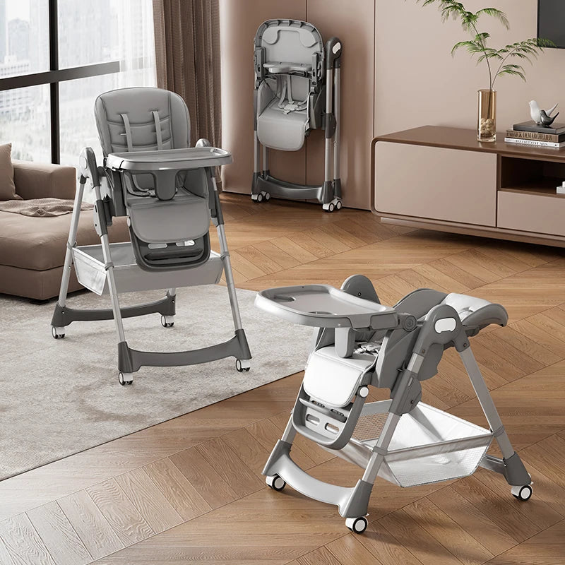 Foldable Adjustable Baby High Chair with PU Leather Seat, Removable Tray & Safety Harness  Description: