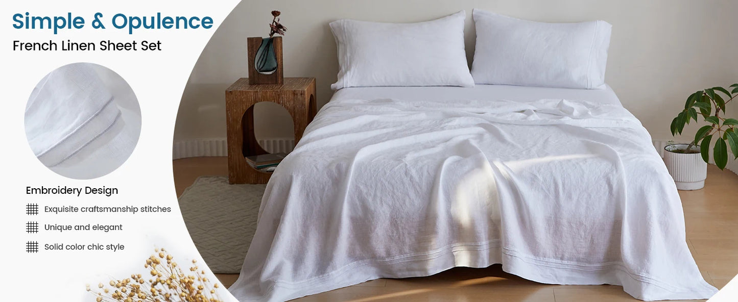 Simple&Opulence 3/4 Pcs 100% Bed Linen Sheet Set Embroidery Washed Natural French Flax Soft Breathable Comforter Sheets Sets
