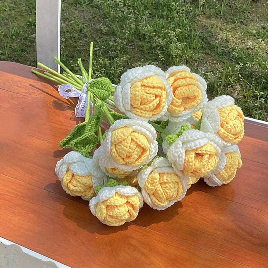 6Pcs Crochet Rose Flowers, Fake Rose Artificial Flowers Handmade Knitted Rose Bouquet Crochet Flower Bouquet Table Decoration