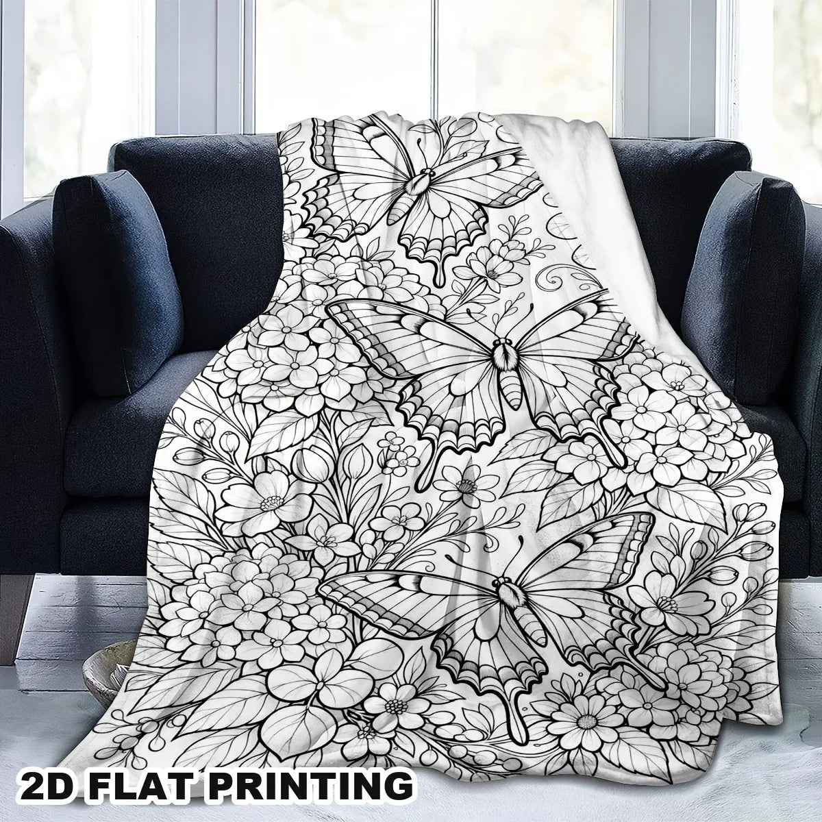 Adult Coloring Butterfly Floral Flannel Blanket, Soft Skin-Friendly Throw for Bedroom Nap, Creative DIY Stress-Relief Gift