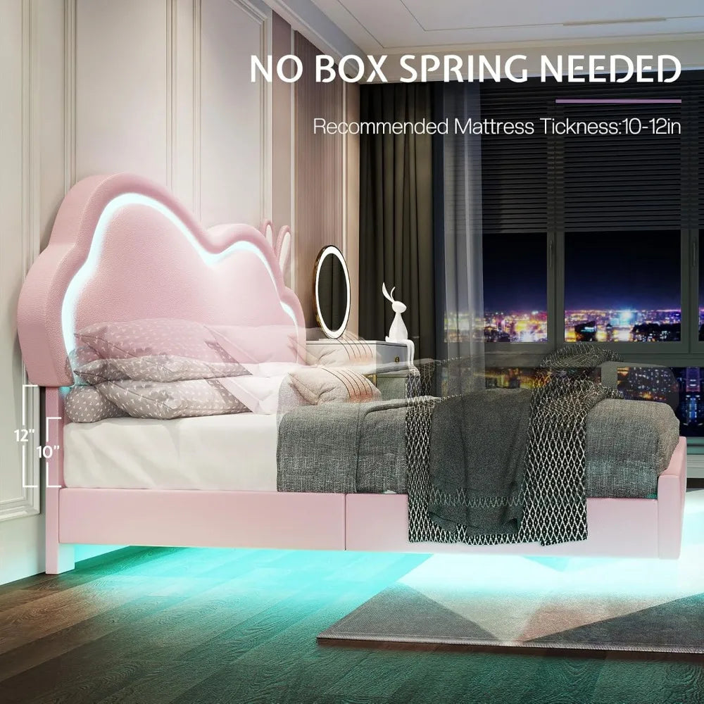 Jocisland Twin LED Bed Frame for Girls Upholstered Floating Bed with Cute Cloud Headboard, No Box Spring Needed, Leather, Pink