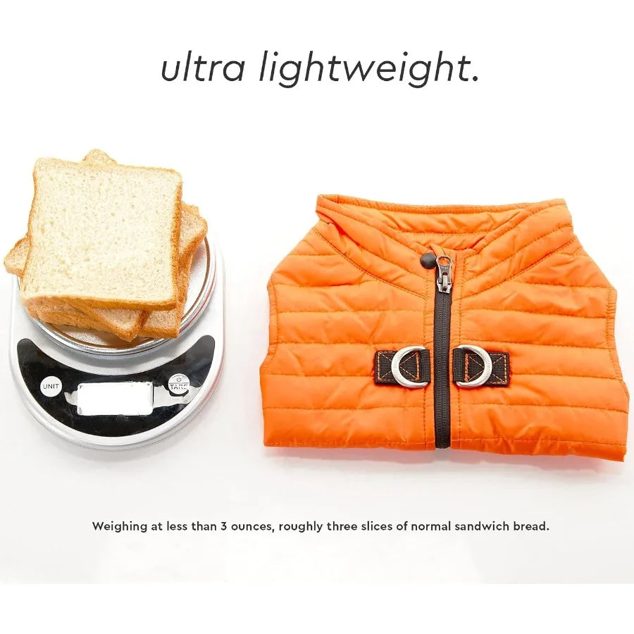 Ultra Thin Zip Up Wind Breaker Puffer Vest Dog Jacket in Orange for Small to Medium Dogs Water Resistant with Dual D Ring Leash