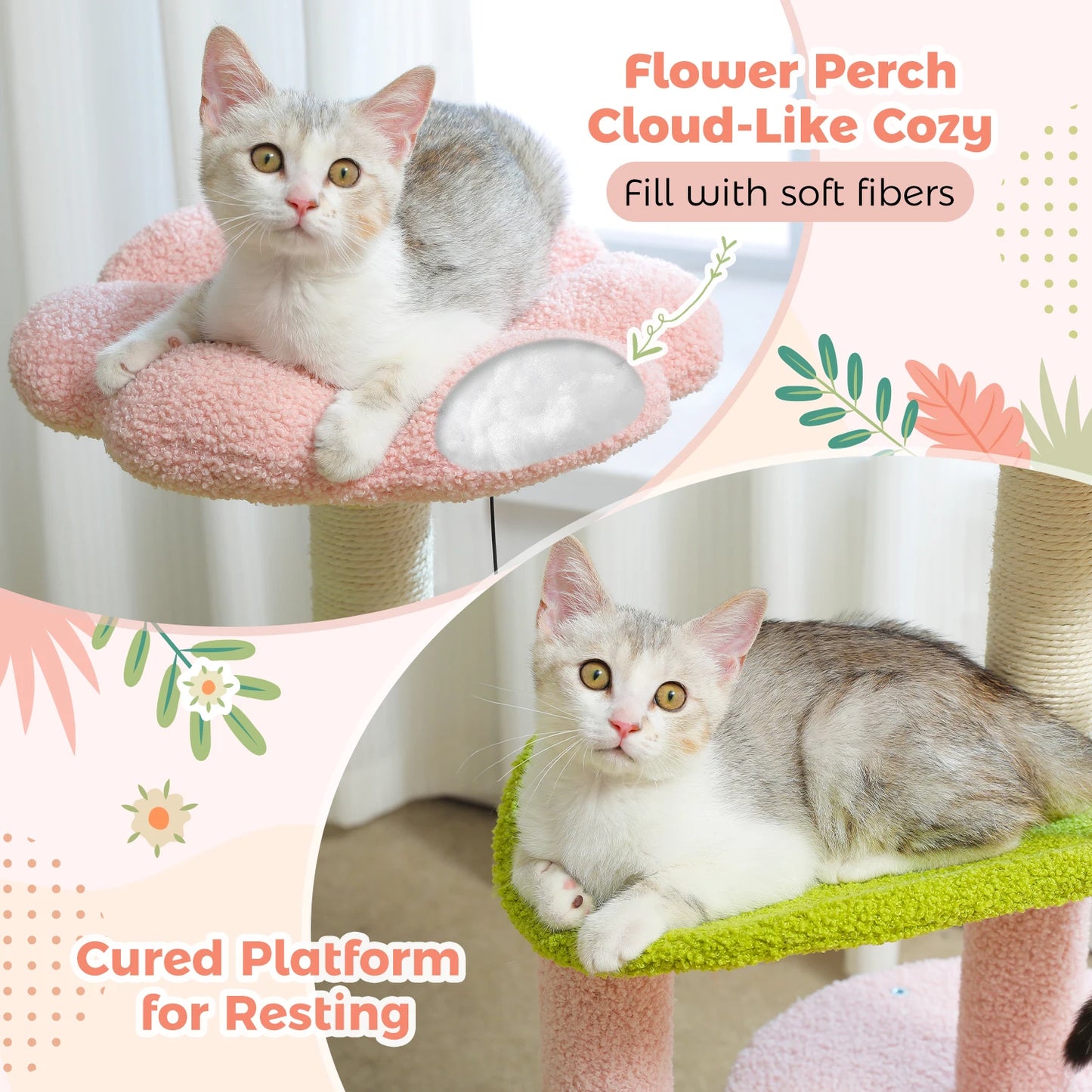Flower Cat Tree for Indoor Cats, Small Cat Tower with Sisal Scratching Post, Soft Condo, Plush Perches, Fluffy Balls, Cat Toys