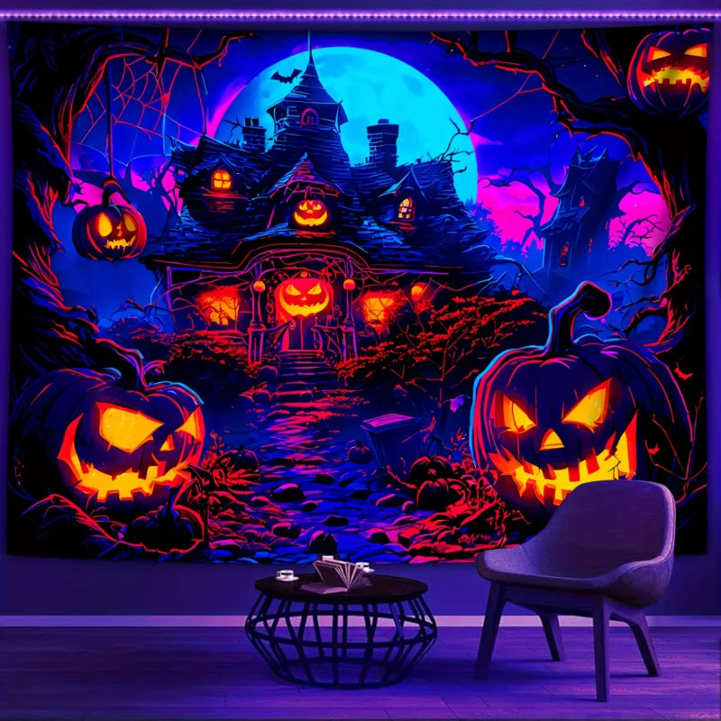 Glow In The Dark Pumpkin Tapestry With Easy Install Kit