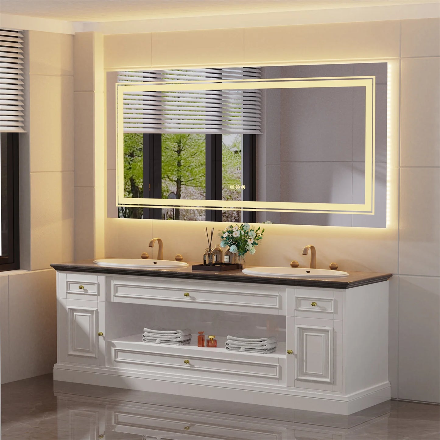 63" x 32" Extra Large LED Light Backlit Bathroom Mirror Dual Lights Makeup Anti-Fog Memory 3 Colors Dimmable With Touch Button
