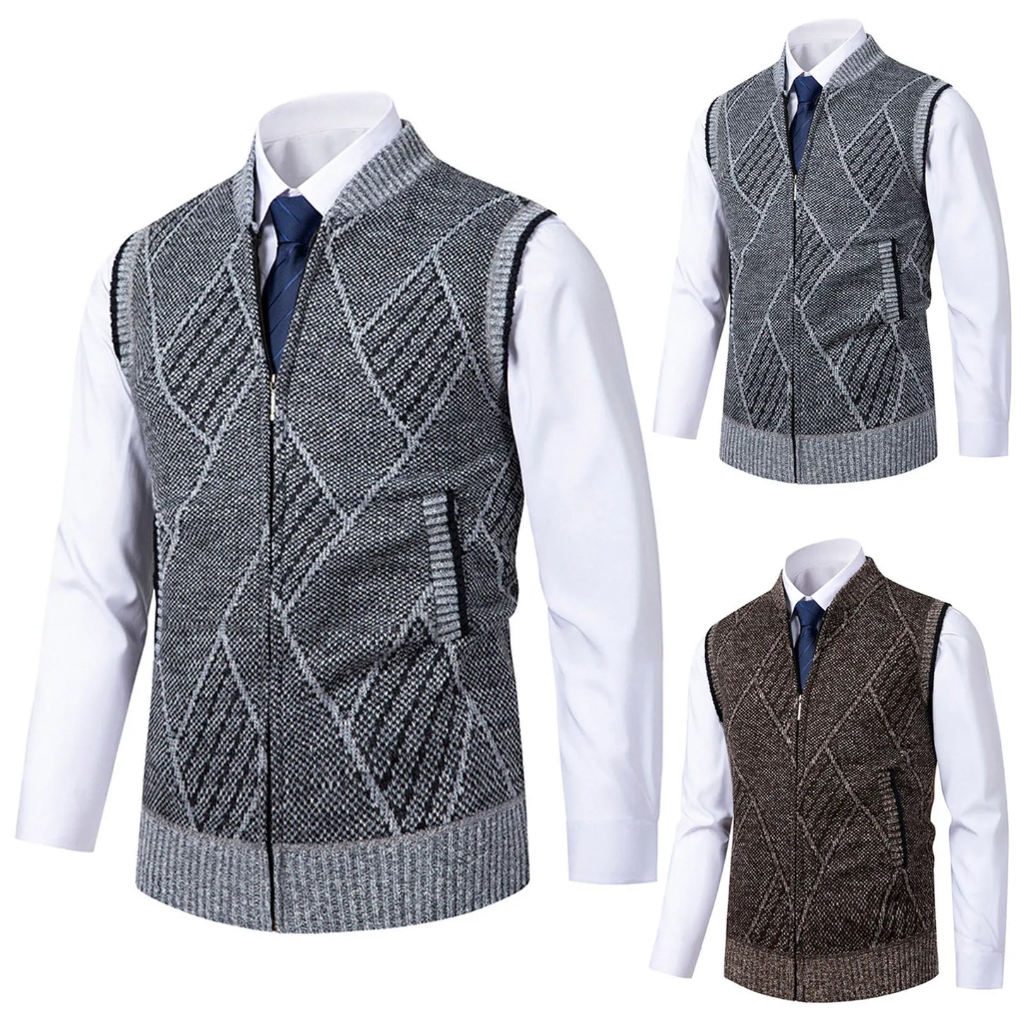 Men’s Business Casual Sweater Vest Thick Velvet Zip Cardigan