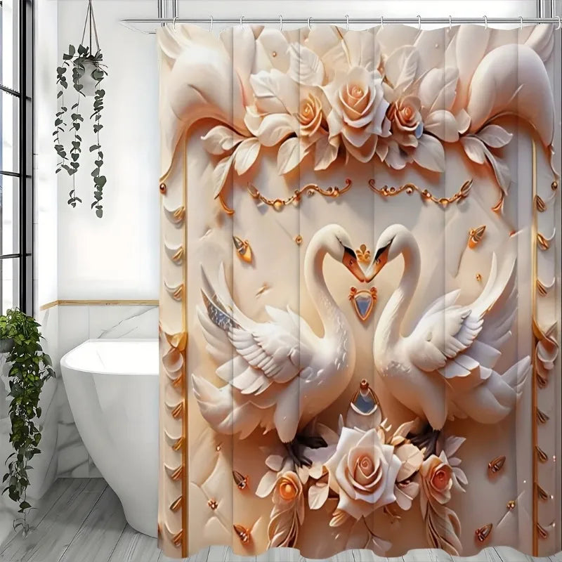 3D Swan Embossed Pearl Print Creative Shower Curtain Set, Decorative Bathroom Set