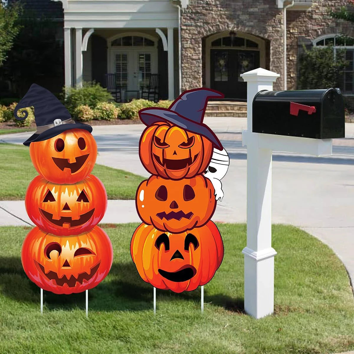 Halloween Pumpkin Stack Yard Signs with Spooky Witch Hats for Outdoor Party Decor - Set of 2 Pieces
