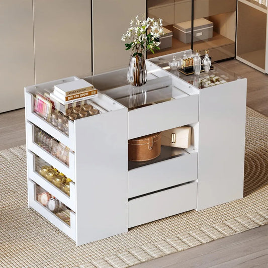 White Bedroom Armoire Island with 14 Drawers, Glass Shelf, and Glass Top Freestanding Display Dresser