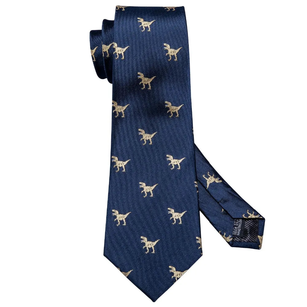 Men’s Luxury Dinosaur Necktie Set . Navy Blue Silk Tie, Pocket Square & Cufflinks for Business, Weddings & Special Events