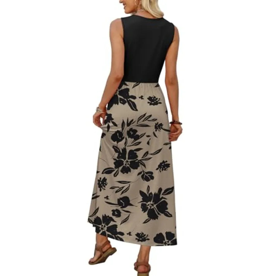 Women’s Floral Babydoll Maxi Dress | Sleeveless Empire Waist Summer Beach Dress