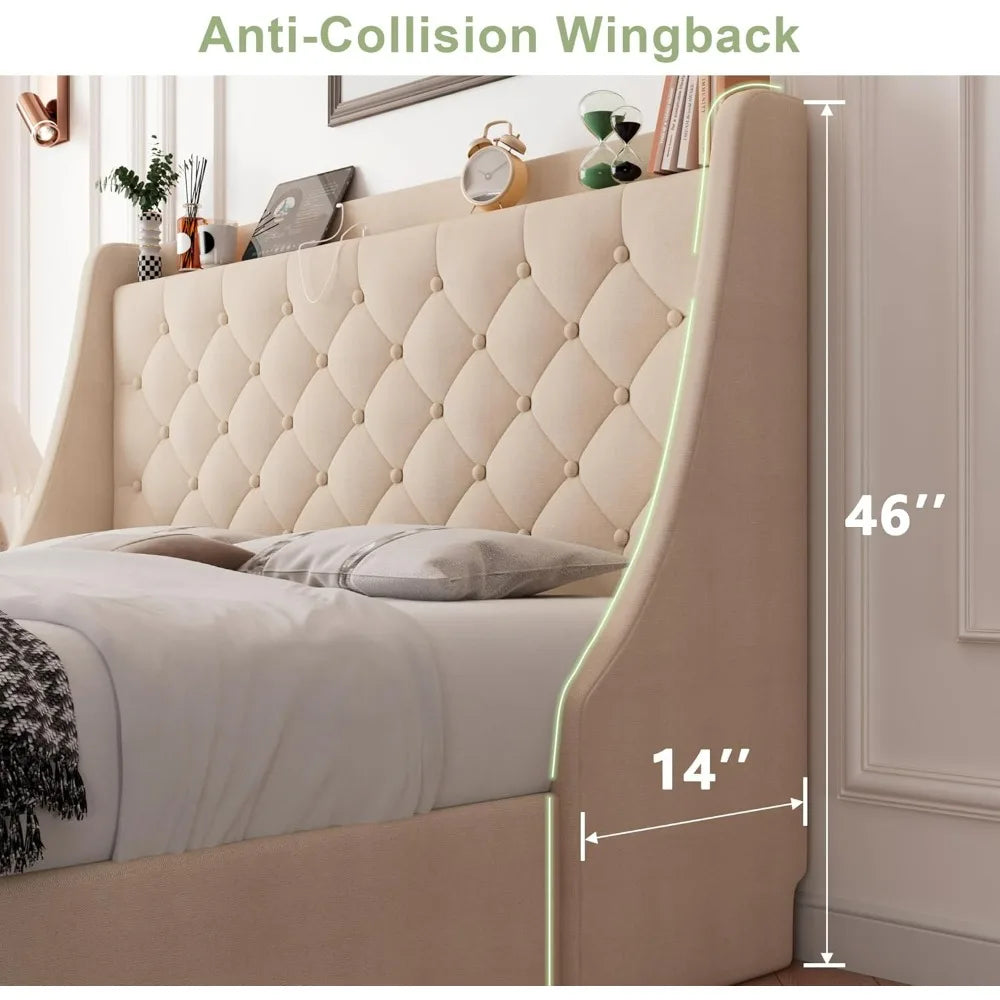 Feonase King-Size Upholstered Bed Frame with Four Storage Drawers, Wingback Headboard, and Charging Station