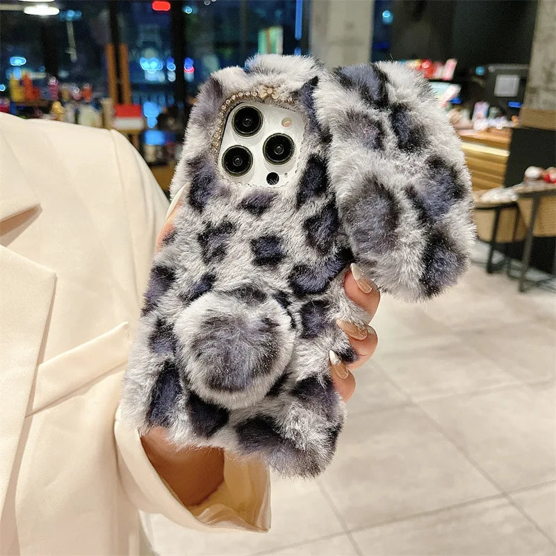 Cute Plush Bunny Leopard Print iPhone Case . Soft Furry Protective Cover, Cozy Cartoon Style