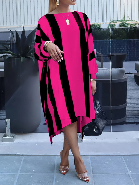 European and American fashion casual large size vertical striped contrast dress - spring and summer