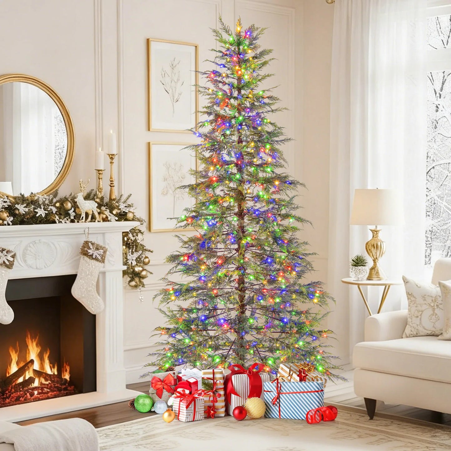 6.5FT–7.5FT Premium Artificial Christmas Tree .Pre-Lit Hinged Holiday Fir Tree with Realistic Branches