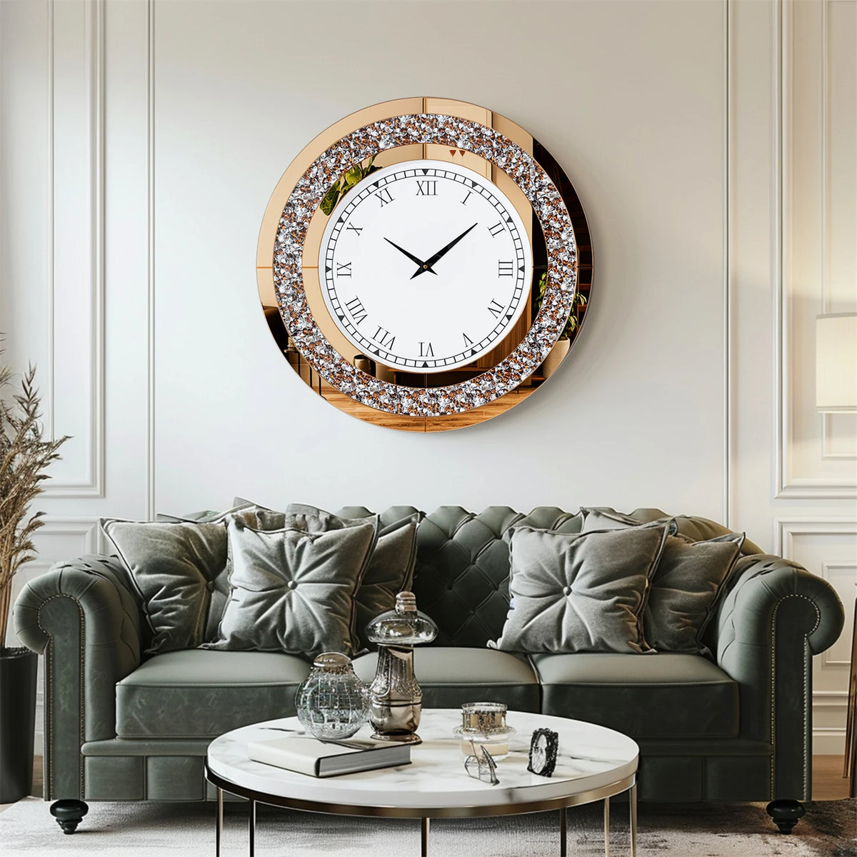 Elegant Mirrored Wall Clock – Crystal-Inspired Decorative Round Clock