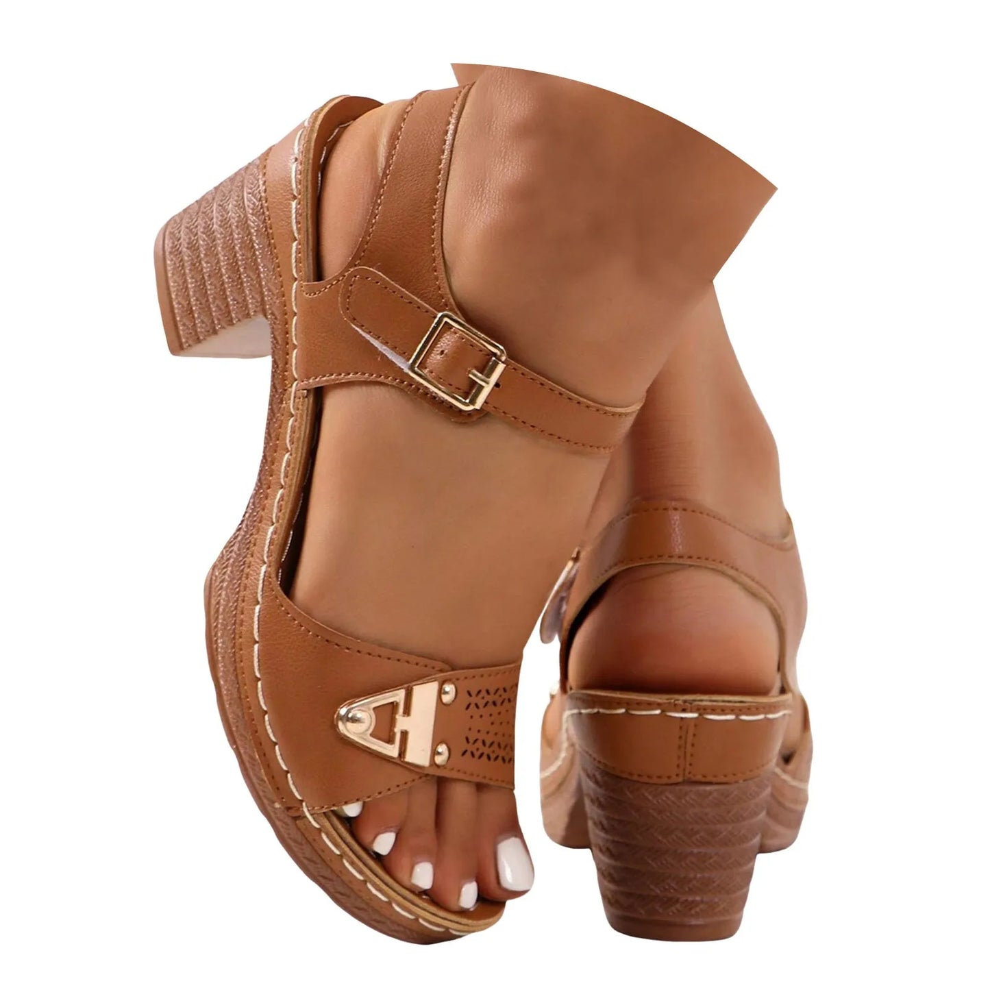 Young Girls' Fashion Sandals With Adjustable Buckles Multi-Strap Thick Medium Heel Solid Color One Line Sandals For Women Sexy