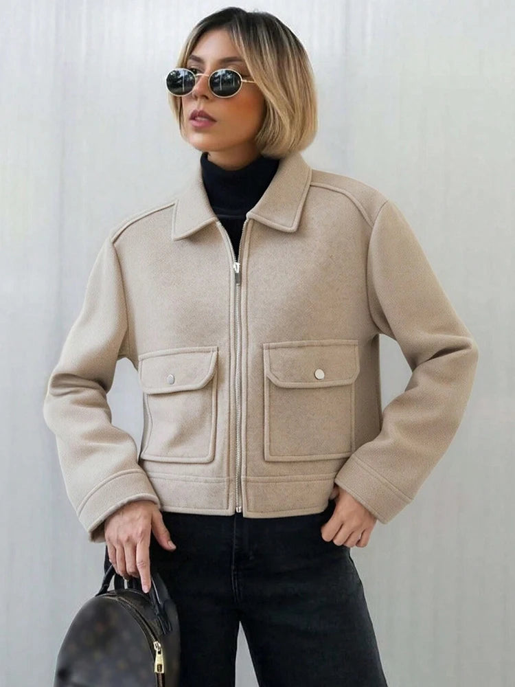 Women's Corduroy Zip-Up Jacket – Casual Long Sleeve Winter Coat with Stand Collar