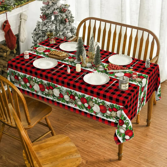 Christmas Ball Ornaments Red Bufalo Plaid Rectangle Tablecloth Dining Room Decor Reusable Table Cover Xmas Party Decorations