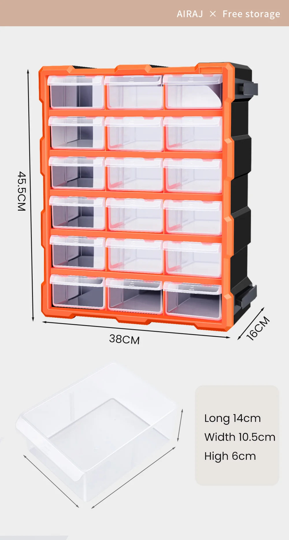 AIRAJ Multi-Drawer Storage Organizer - 18 Slots, Plastic Parts & Crafts Cabinet for Desk or Wall Mount, Ideal for Hardware, Bead