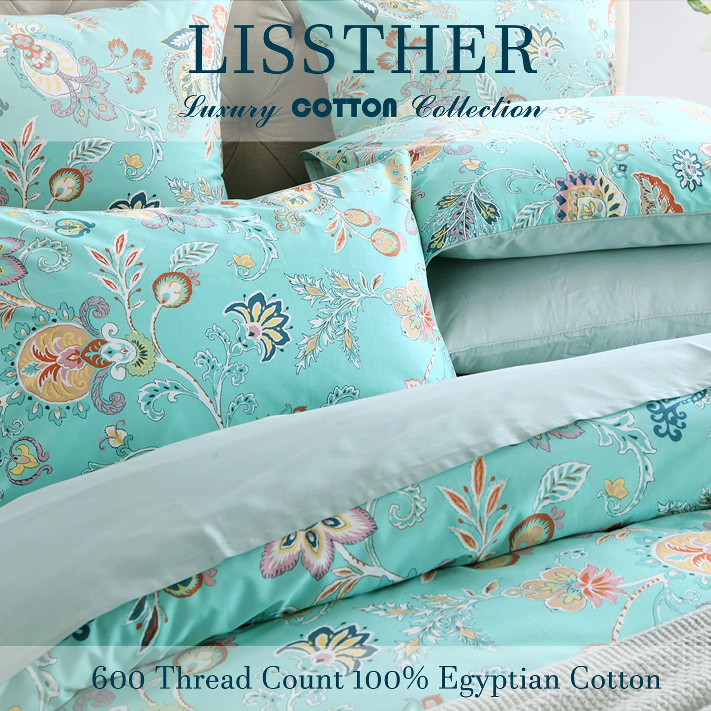 3pcs 600TC 100% Egyptian Cotton Duvet Cover Set, Vintage Cyan Paisley Floral, Soft Breathable Skin-Friendly (No Inserts)