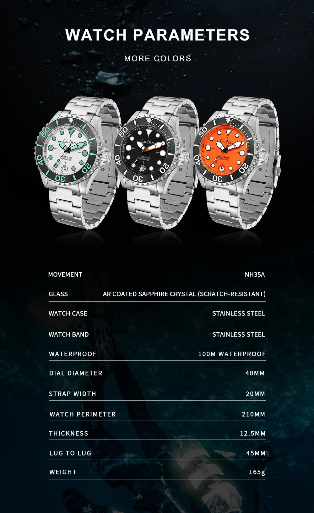 CADISEN AQUA DIVER New Brand Luxury Men Watches Automatic Watch Japan TMI NH35A 100M Waterproof Luminous Mechanical Wristwatch