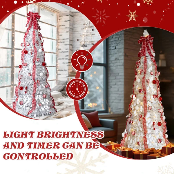 7 FT Fully Decorated Pre-lit Christmas Tree, Pop Up Artificial Xmas Tree with 170 Warm Lights and Red Ornaments for Home Office Store Holiday Deco, White