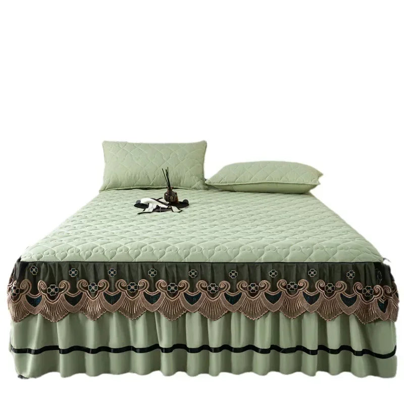 Elegant Embroidered Lace Quilted Bed Skirt Set
