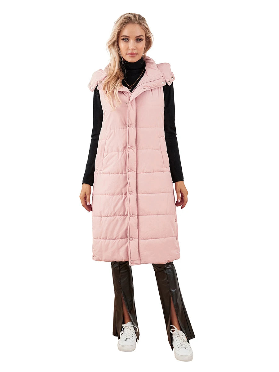 Women s Quilted Puffer Vest with Hood Sleeveless Zip-Up Winter Jacket Solid Color Warm Coat with Pockets for Cold Weather