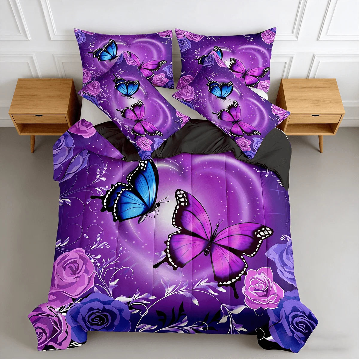 Purple Butterfly Floral Comforter Bedding Set