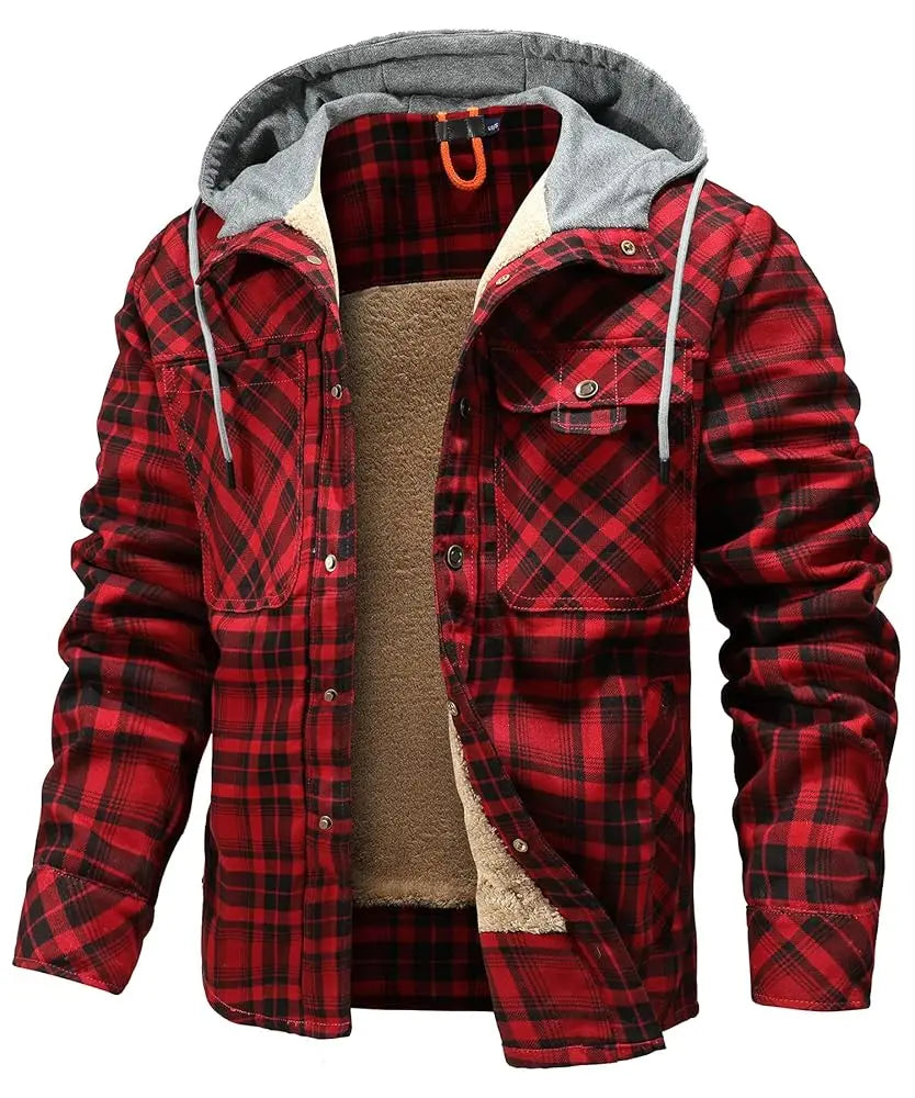 Men's Jackets Winter Hooded Warm Coat Casual Thicken Plaid Work Flannel Snap Sherpa Lined Fleece Clothing US Size