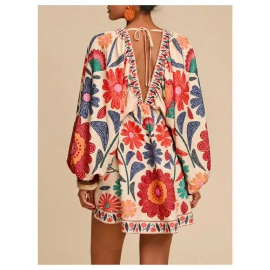 RoseSeek Women's Boho Floral V Neck Mini Dresses Bishop Sleeve Tie Open Back Tropical Dress
