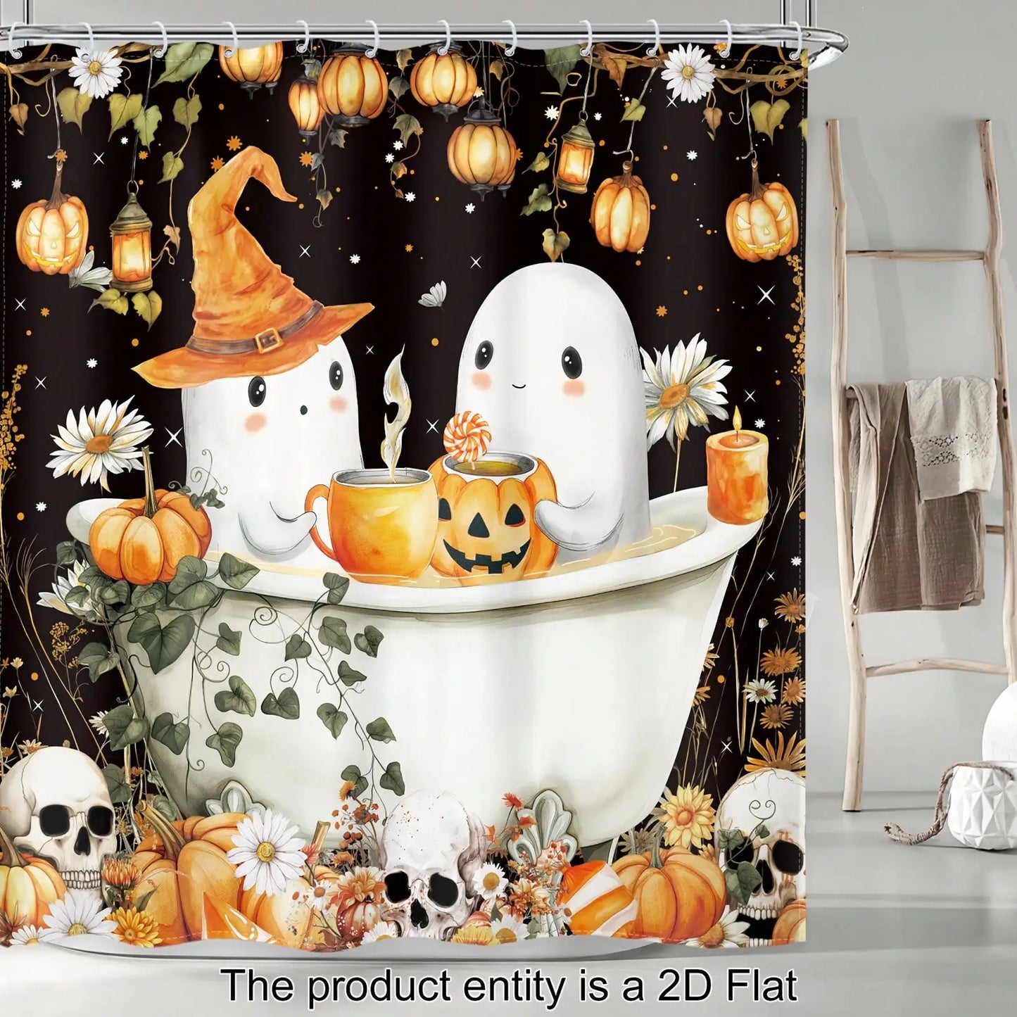 4-Piece Cute Ghost Halloween Shower Curtain Set. Waterproof Bathroom Décor with Bath Mat, Toilet Lid Cover & Rug