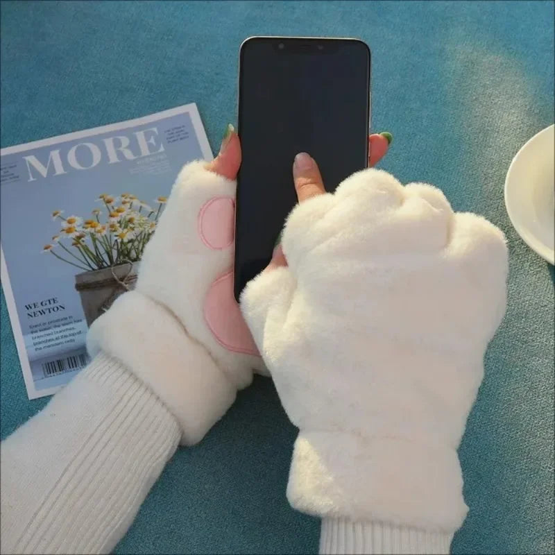 Lovely Plush Cat Claw Paw Gloves Short Fingerless Mittens