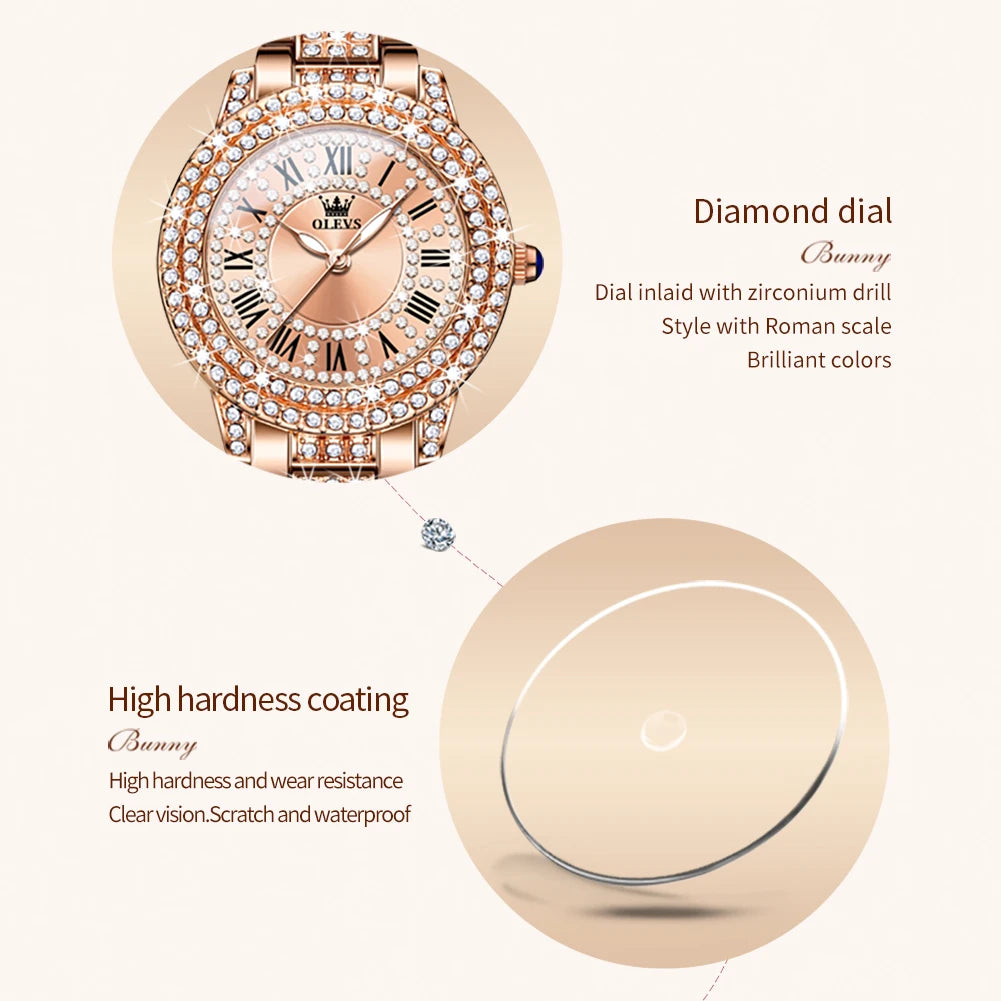 OLEVS Luxury Women’s Waterproof Chronograph Watch. Rose Gold Crystal Fashion Timepiece