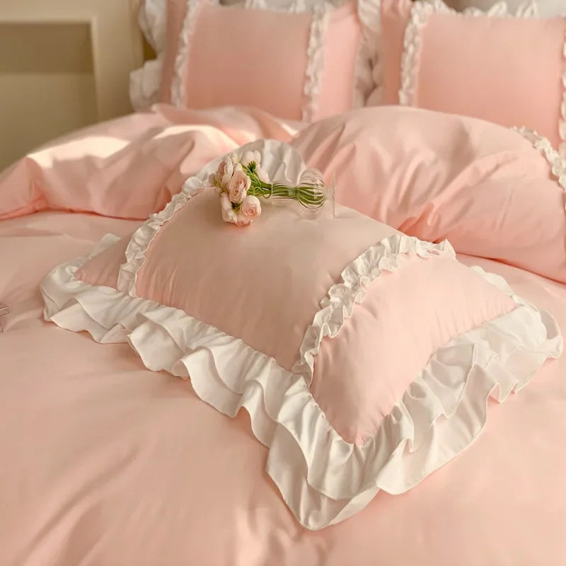 Elegant Ruffled Lace Bedding Set. Luxury Princess Style