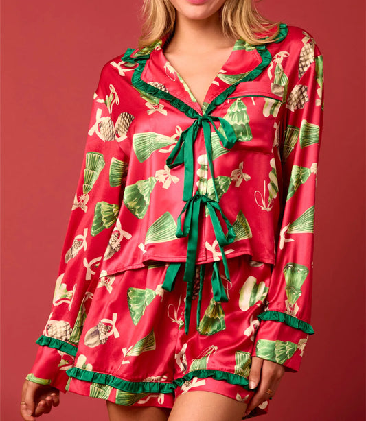 Women Cute Christmas Pajamas Silk Satin 2 Piece Xmas Bow Tie Pjs Long Sleeve Shirts and Ruffle Lounge Shorts Pj Set