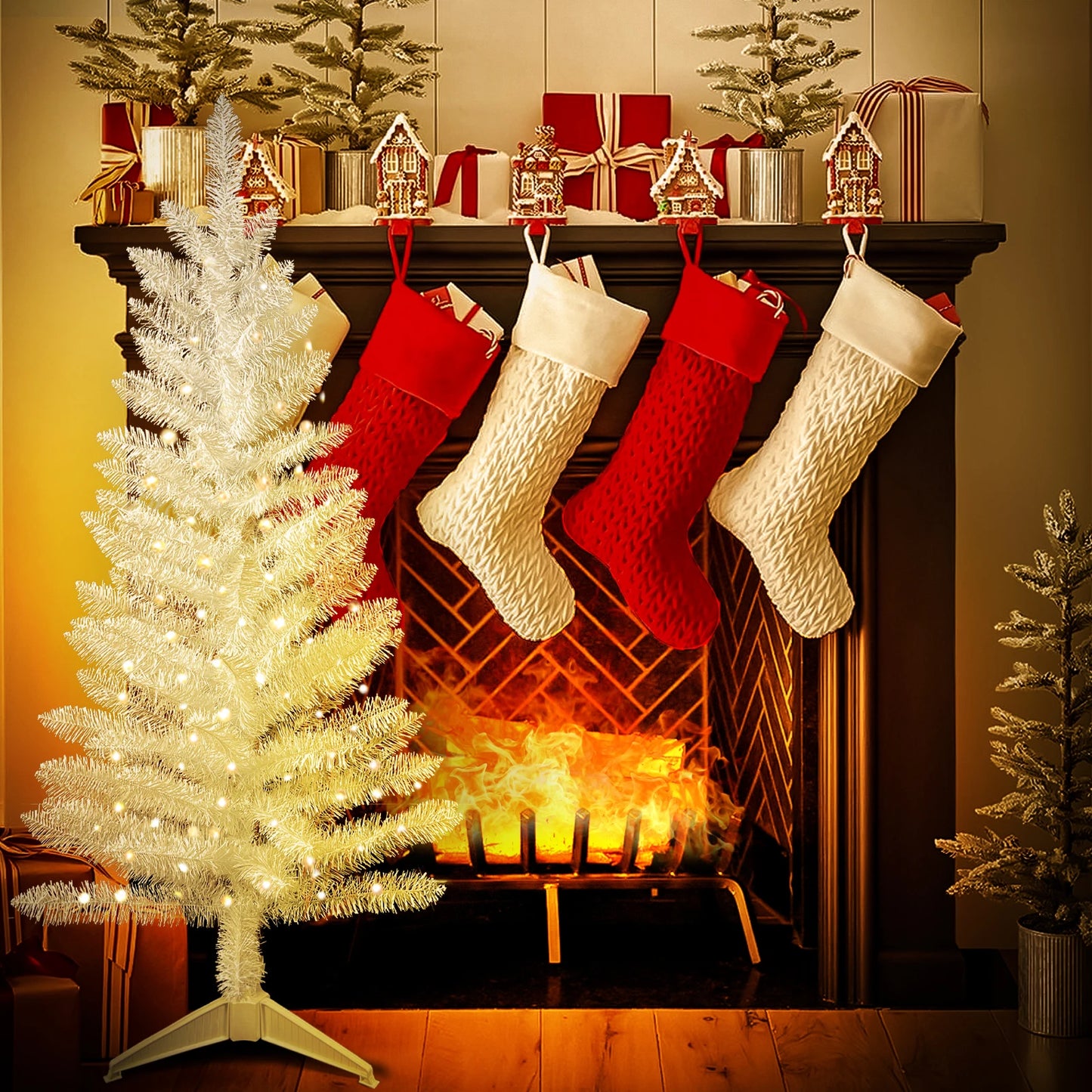 6FT Pre-Lit White Pencil Christmas Tree .Slim Space-Saving Holiday Décor with Warm Lights