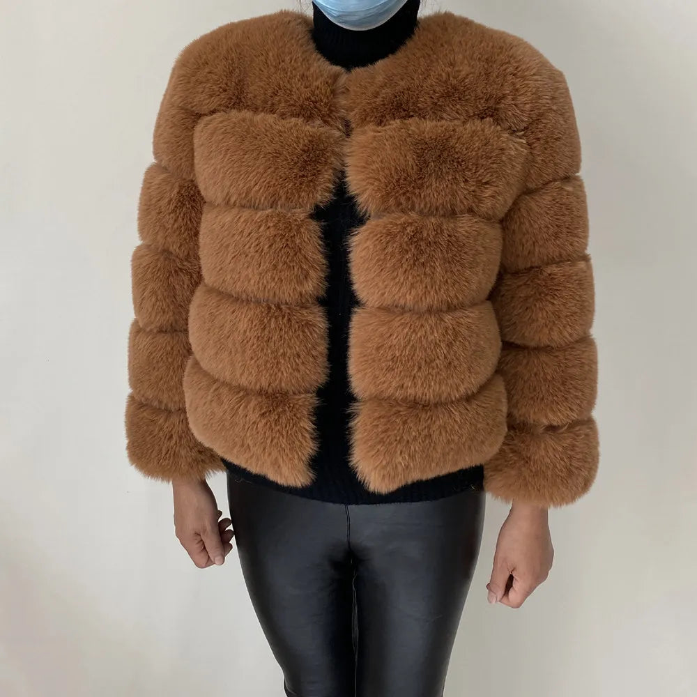 Women's Faux Fur Jacket . Plush Cropped Winter Coat with High Collar