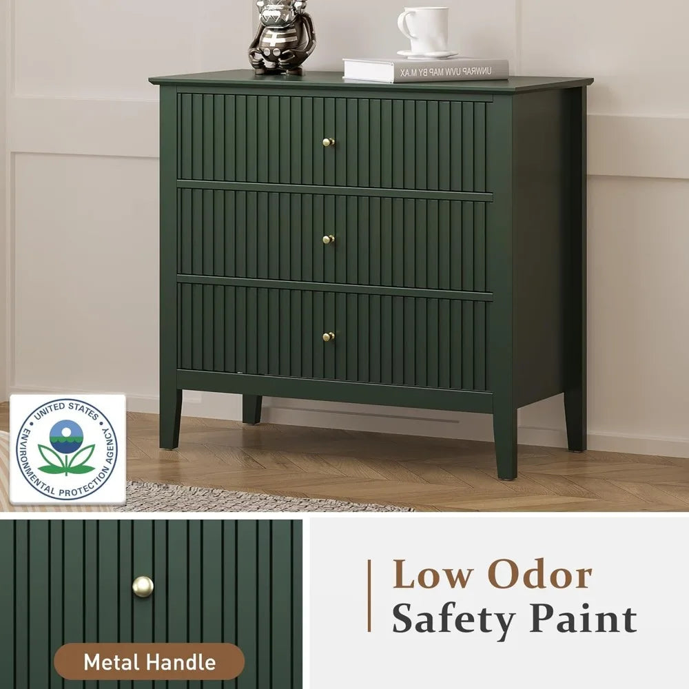 Green Fluted 3 Drawer Dresser, 32 inch Wide Dresser Nightstand for Bedroom, Modern Wood Chest of Drawers, Large Painted Nightst