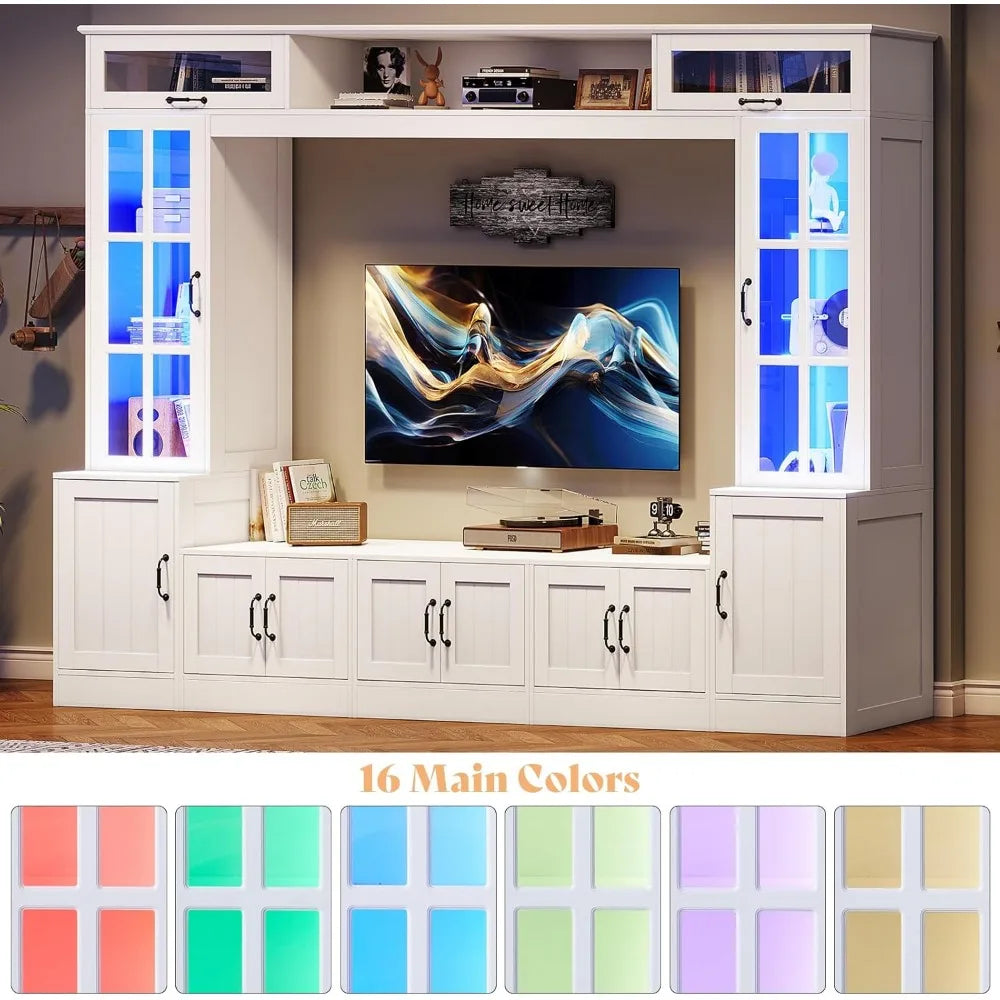 98" W Wall Unit TV Stand with Storage for TVs up to 80", Modern TV Console with LED Lights, Entertainment Center with Bookshelves.