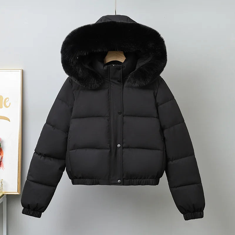 Women's Short Hooded Puffer Jacket. Cotton-Padded Winter Parka with Faux Fur Trim