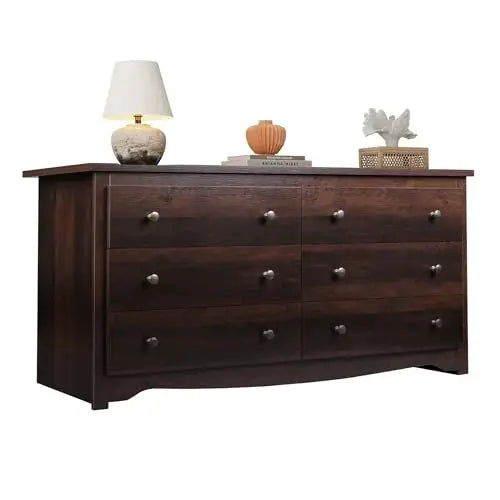 Wood Dresser with 6 Drawer Wide Chest of Drawers for Bedroom Long Nightstand with Drawers Modern Large Storage Tower Unit Closet
